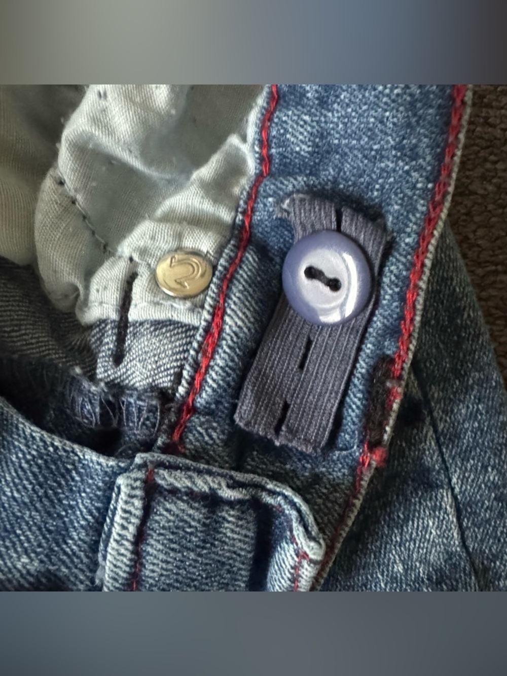 True Religion Blue Denim Jean Shorts Horseshoe Pocket Red TR logo appliqué M 10 - Picture 5 of 11